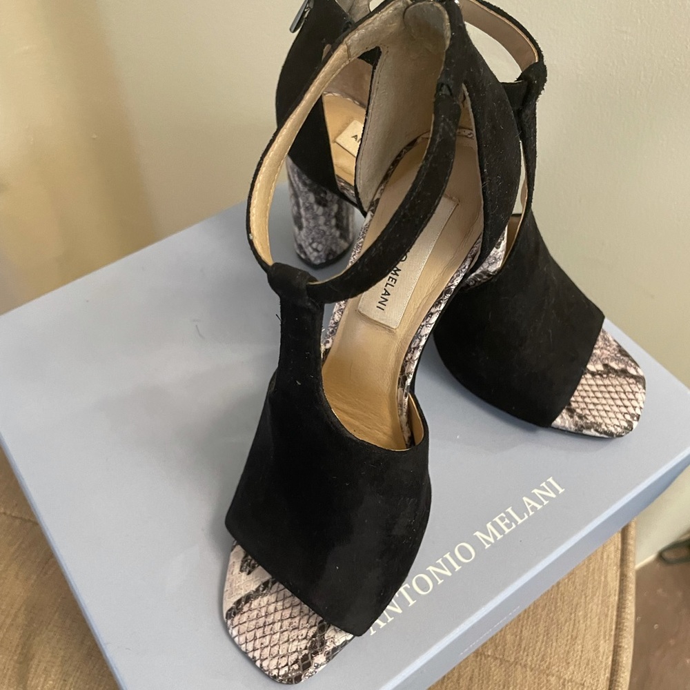 Black Suede with black and white snake print leather.